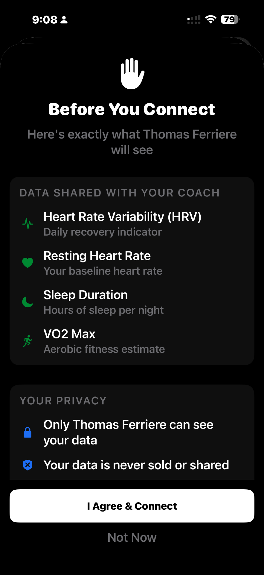 CoachPulse Before You Connect consent screen showing exactly what data will be shared with the coach