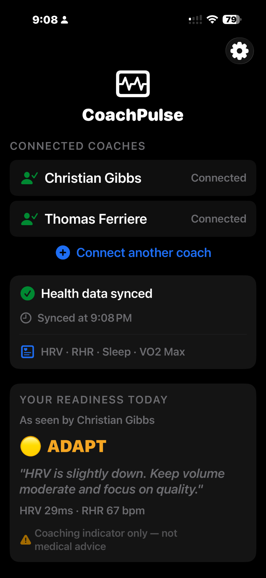 CoachPulse home screen showing connected coach, synced health data and today's readiness