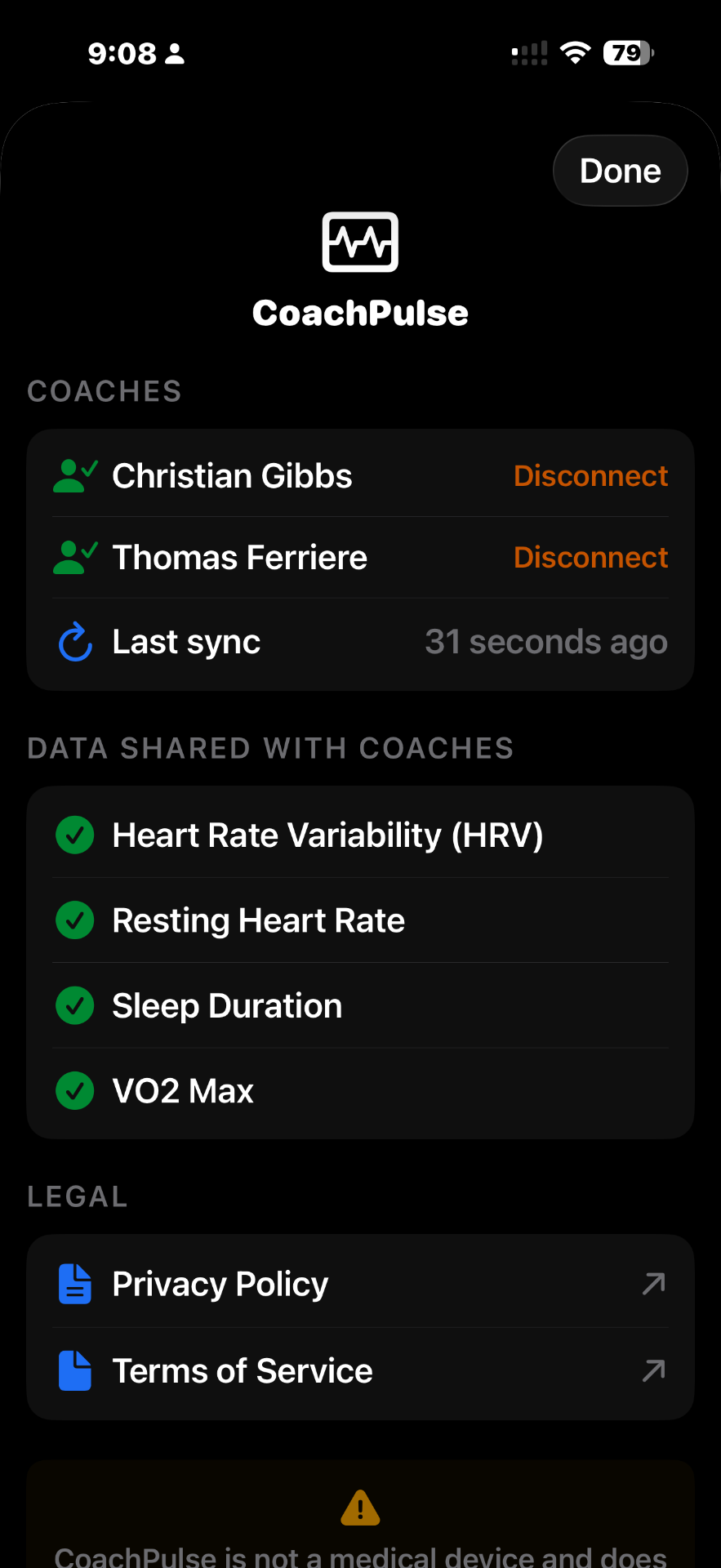 CoachPulse settings screen showing exactly which metrics are shared with your coach and a disconnect button