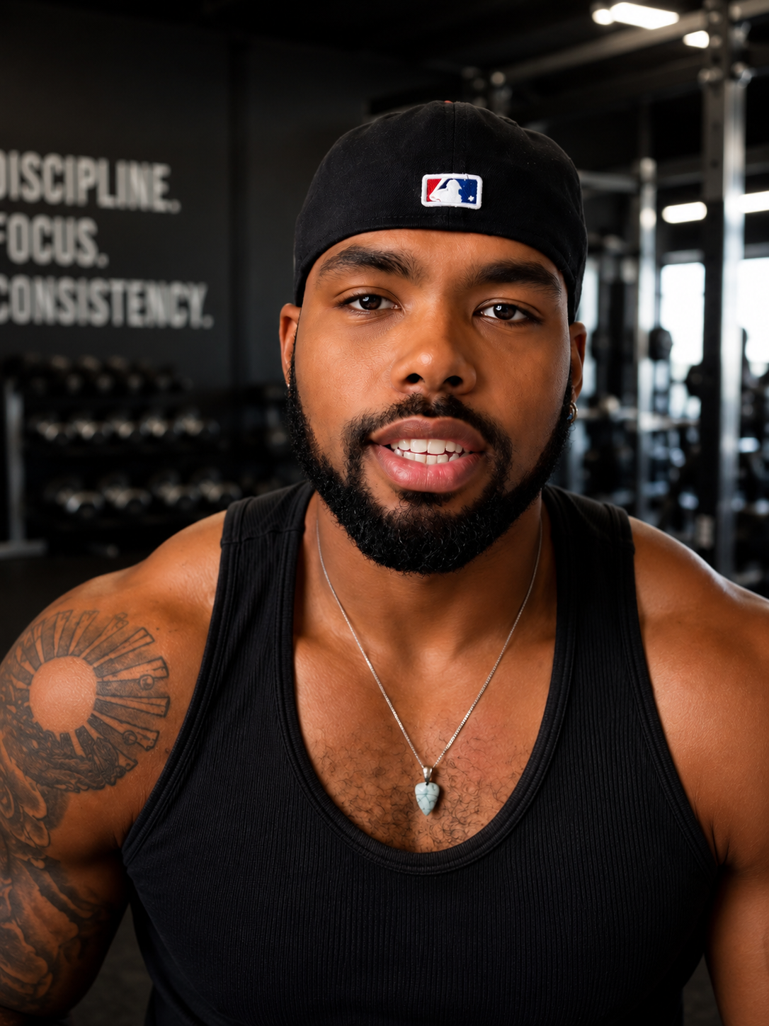 Portrait of Coach Chris in the gym, wearing a black tank top and backwards cap.