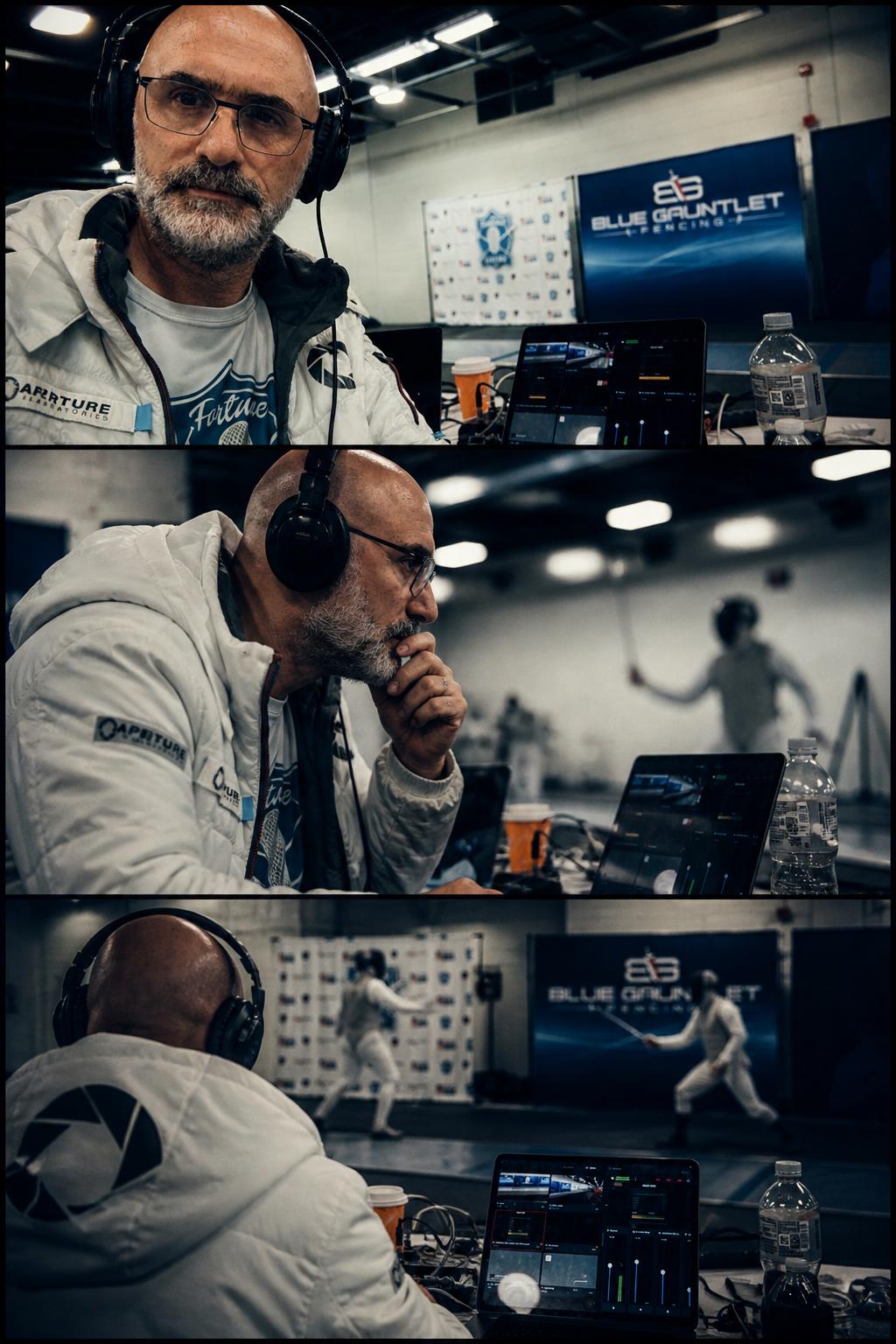 Thomas at the broadcast desk wearing headphones, monitoring the live stream of a fencing bout on a laptop with a fencer visible in the background.