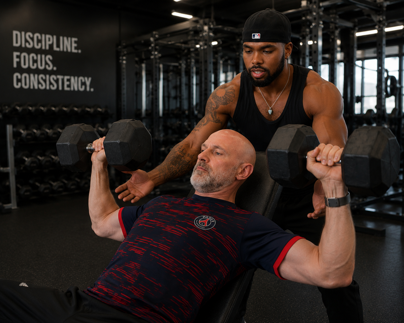 Thomas pressing dumbbells on a bench while Coach Chris spots him in a dark gym.